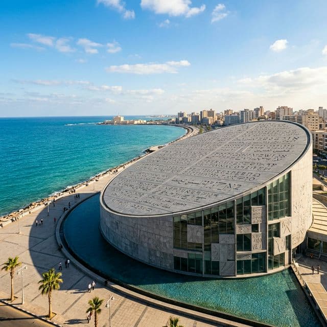 The modern circular Bibliotheca Alexandrina with its vast slanted disc roof overlooking the Mediterranean