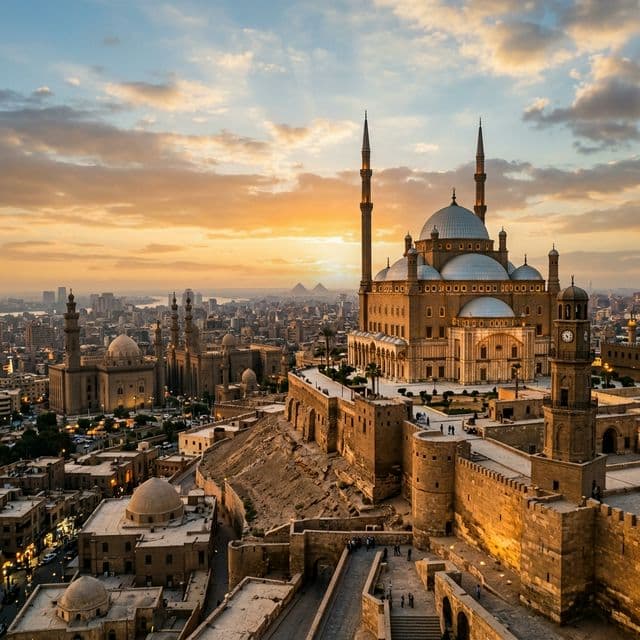 The Muhammad Ali Mosque with twin minarets and domes overlooking Cairo from the hilltop citadel at golden hour