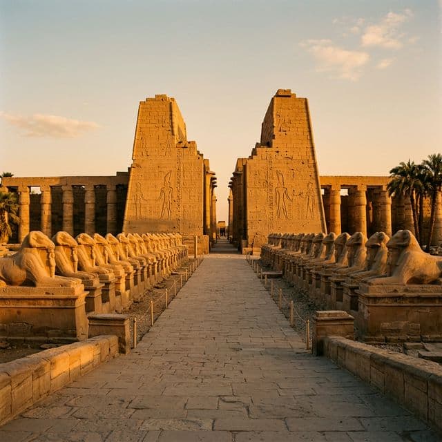 The Avenue of Sphinxes at Karnak Temple with ancient ram-headed statues leading to towering sandstone pylons