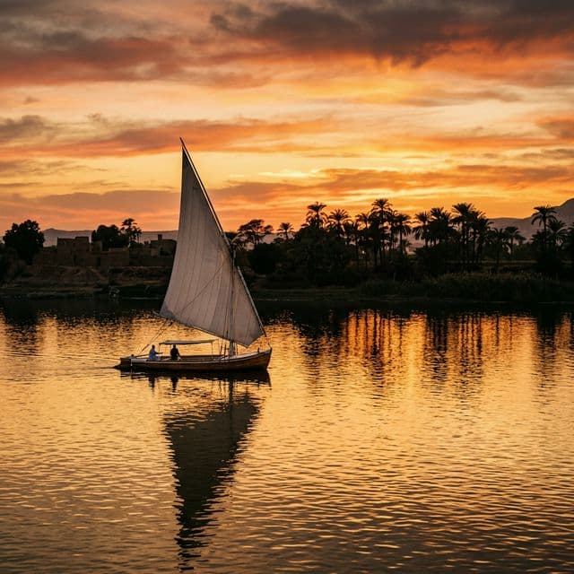 A traditional felucca sailboat gliding across the golden Nile River at spectacular sunset