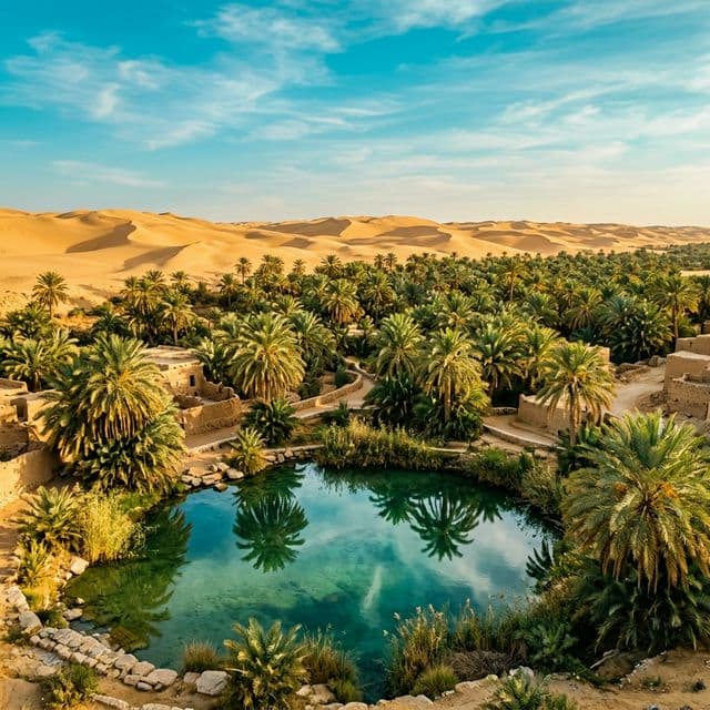 Lush palm trees and a crystal spring pool at Siwa Oasis surrounded by golden desert sand dunes