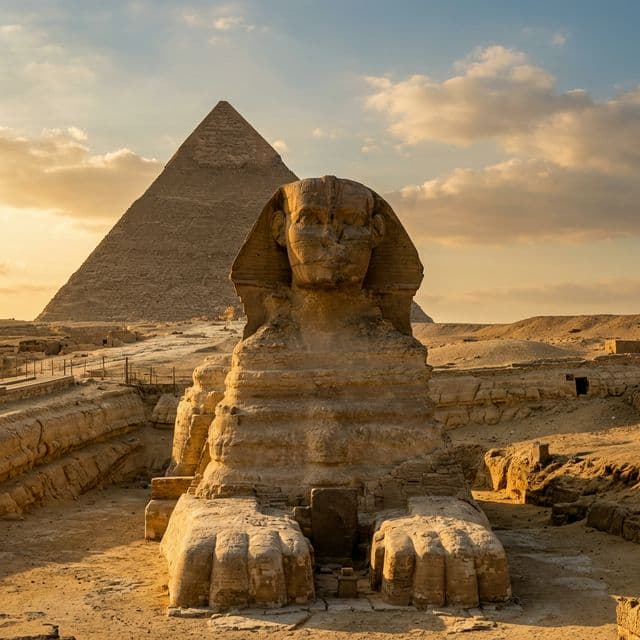 The Great Sphinx of Giza with the Pyramid of Khafre rising behind it in warm afternoon light