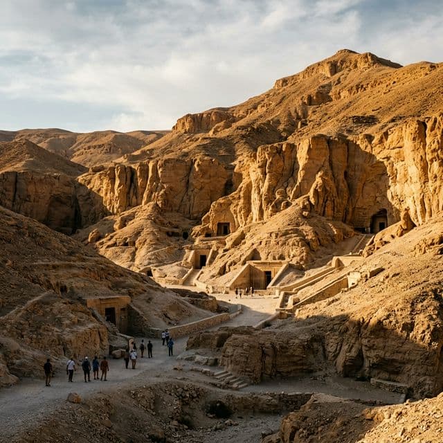 Dramatic arid limestone cliffs and desert landscape of the Valley of the Kings with ancient tomb entrances