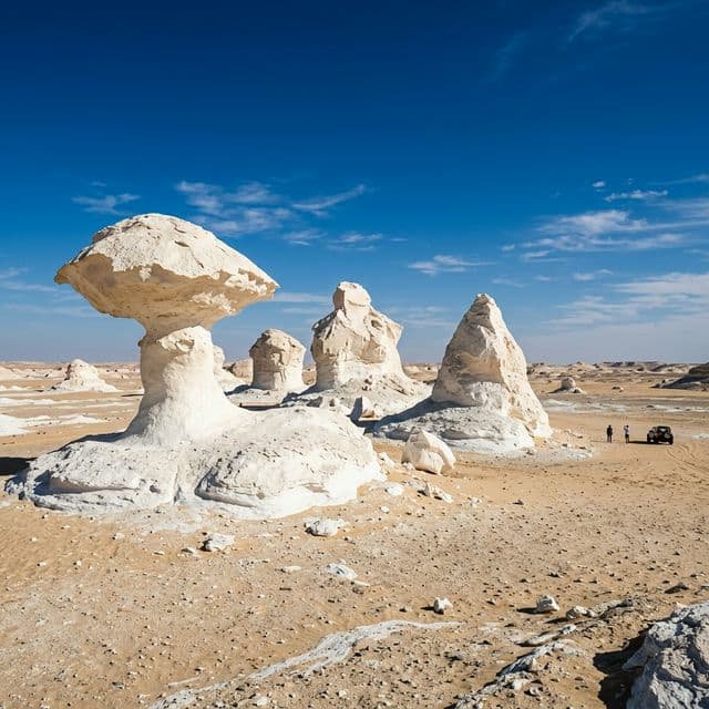 Surreal white chalk rock formations rising from the flat desert floor against a vivid blue sky